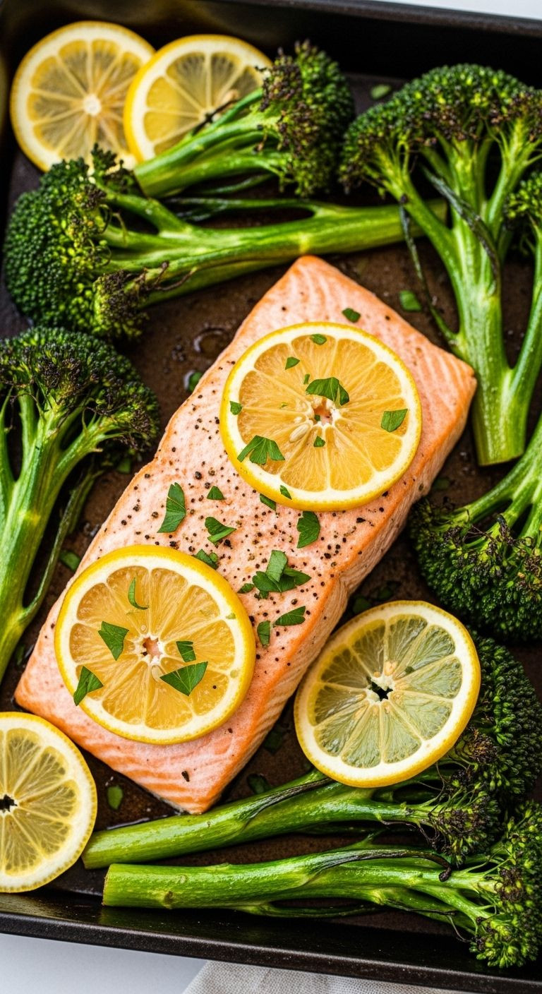 Perfectly Cooked Sheet Pan Salmon With Vibrant Lemon Slices And Charred Broccoli, Captured In A Clean, Appetizing Top-Down View.
