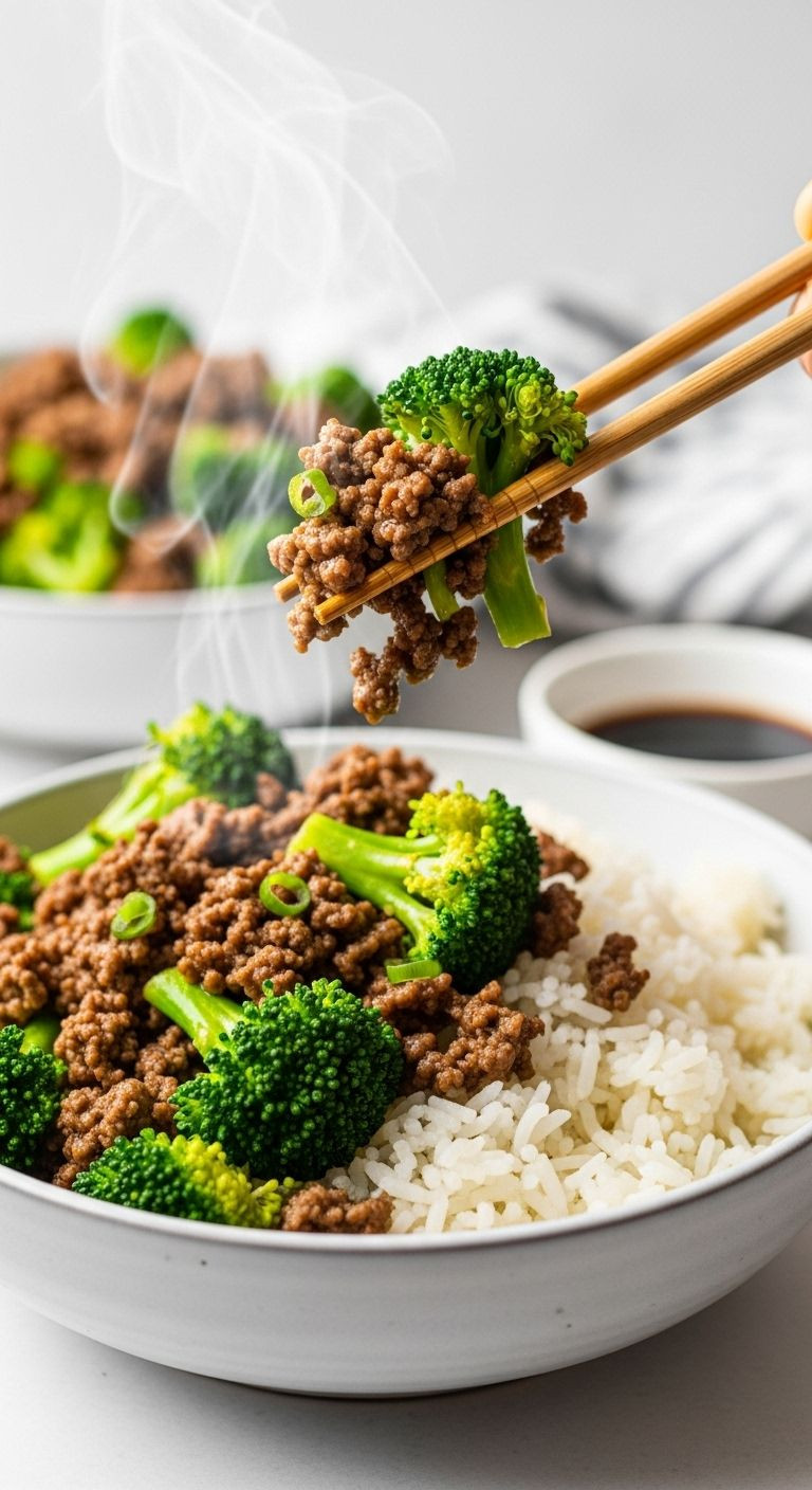 Chopsticks Lift A Bite Of Steaming 15-Minute Ground Beef And Broccoli Stir-Fry Served Over White Rice In A Ceramic Bowl.