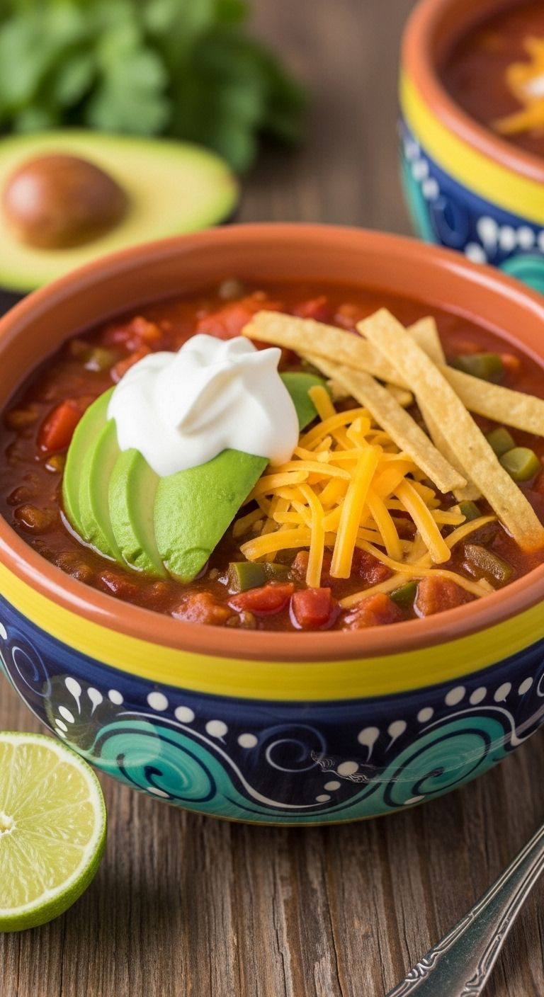 A Vibrant Pottery Bowl Filled With Hearty 30-Minute Taco Soup, Generously Topped With Sour Cream, Cheddar Cheese, Avocado, And Tortilla Strips On A Wooden Table.