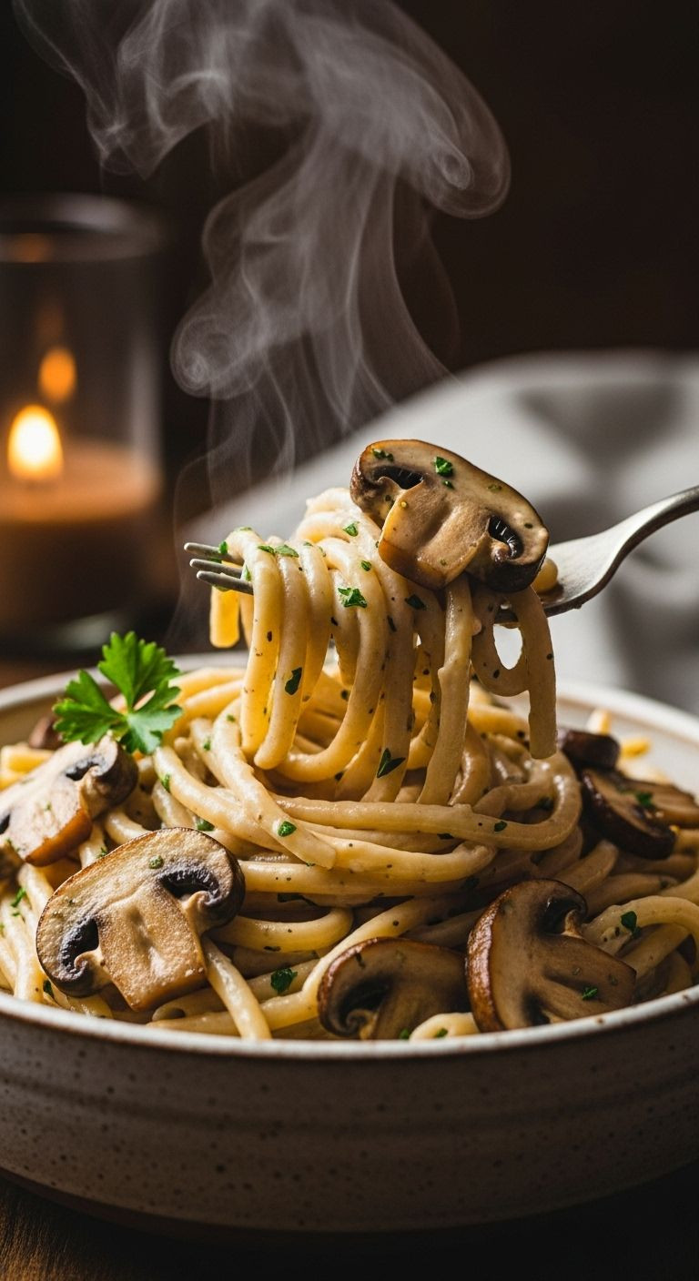 Creamy Miso Mushroom Pasta Is Twirled On A Fork From A Rustic Bowl, Showcasing Its Glossy Sauce And Browned Mushrooms.