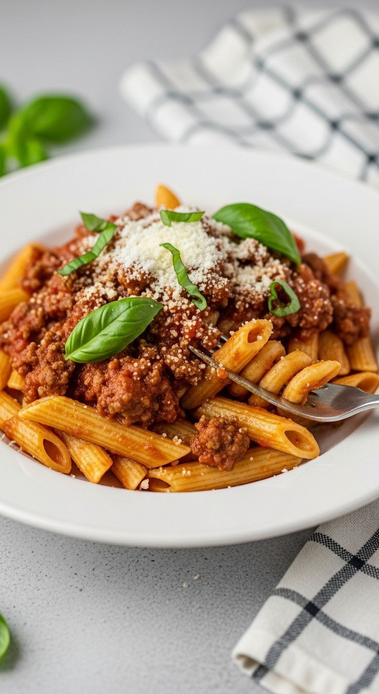 A White Pasta Bowl Brimming With Penne And Chunky Meat Sauce, Garnished With Fresh Basil And Parmesan Cheese, Ready To Be Twirled With A Fork.