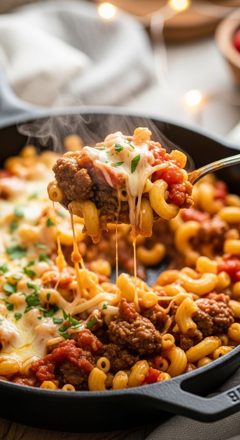 A Close-Up Of Steaming One-Pan Hamburger And Macaroni In A Rustic Cast-Iron Skillet, With A Spoonful Being Lifted To Show Cheesy Texture And Fresh Parsley.