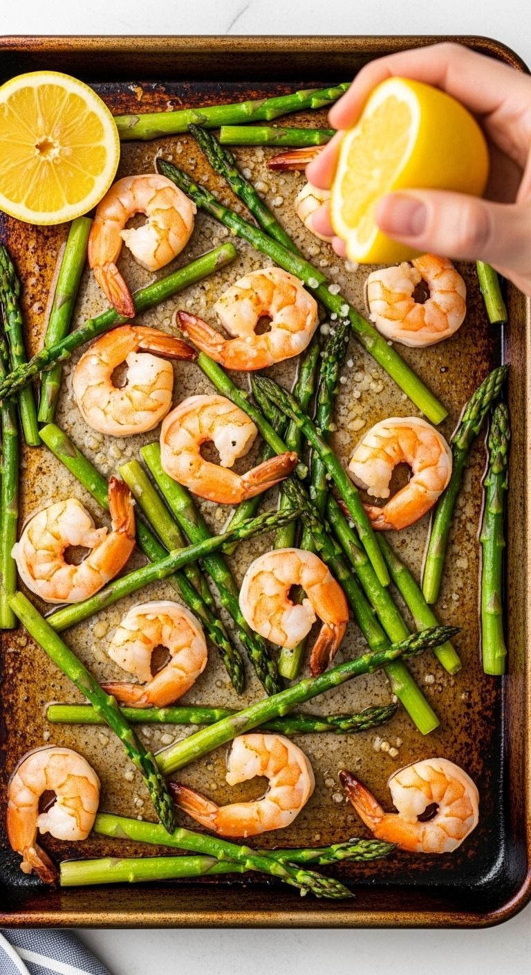 Sheet Pan Shrimp And Asparagus With Garlic Butter And Lemon, Ready For A Quick Weeknight Dinner.