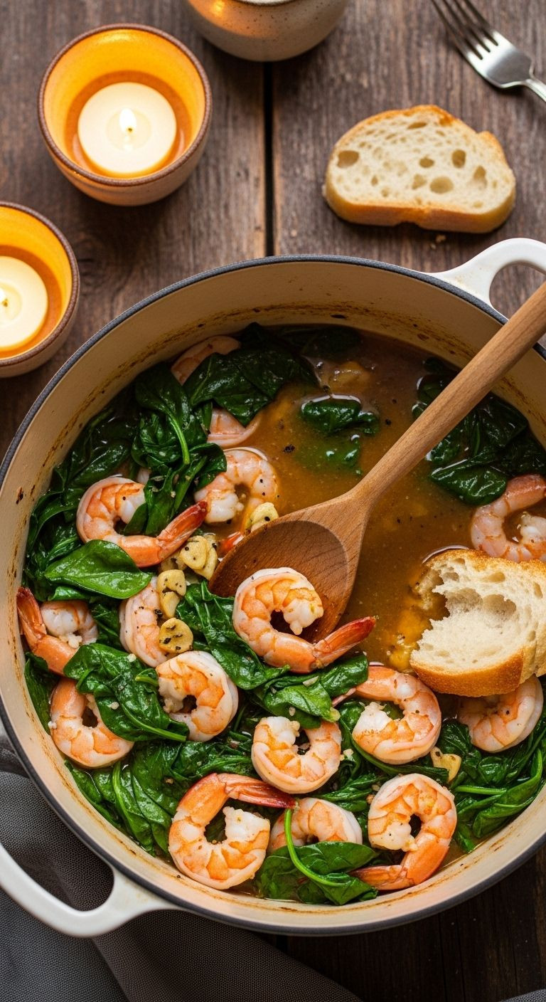 A Cozy Dutch Oven Filled With Garlicky Shrimp And Spinach, With Crusty Bread Dipping Into The Flavorful Sauce.
