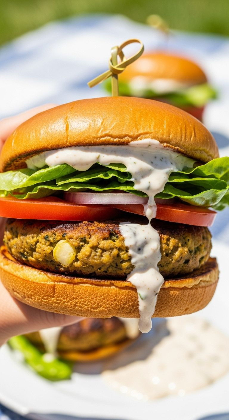 A Hand Holds A Delicious Zucchini-Chickpea Veggie Burger With Creamy Tahini-Ranch Sauce, In A Casual Picnic Setting.