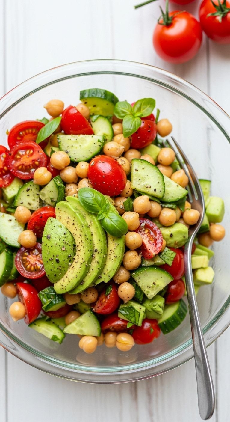 A Vibrant Mediterranean Chickpea Salad Fills A Glass Bowl, With A Fork Resting On Its Side.