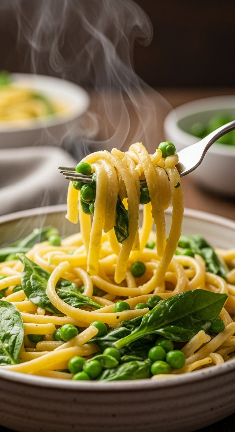 A Fork Twirls Creamy Pea And Spinach Carbonara From A Rustic Ceramic Bowl, Highlighting The Texture And Rising Steam.