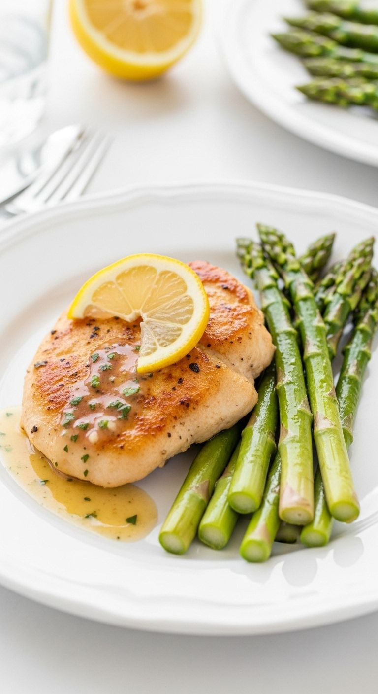 A Beautifully Plated Chicken Cutlet With Light Pan Sauce Is Served Alongside Perfectly Cooked Asparagus Spears And A Lemon Wedge.