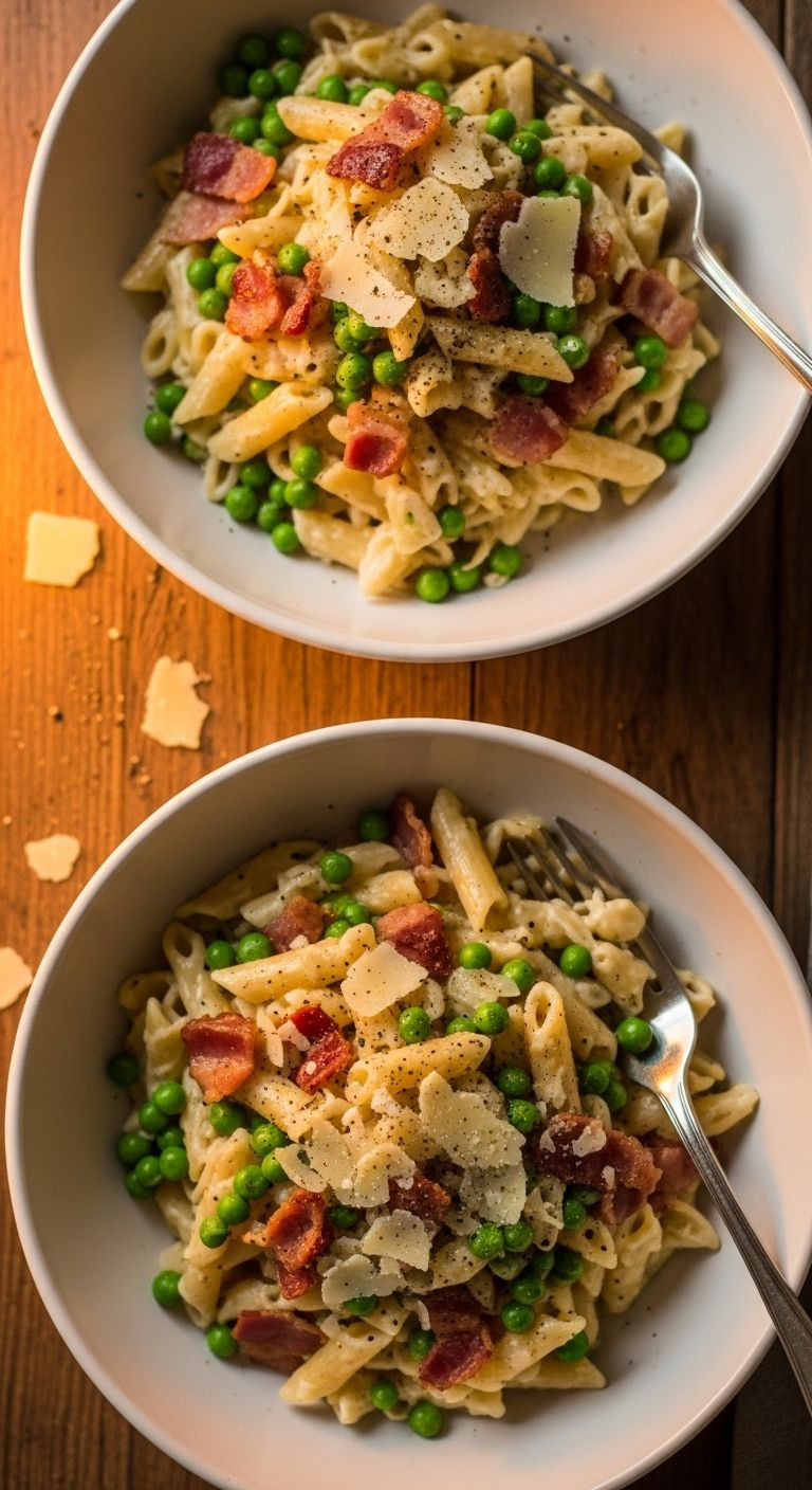 Two White Ceramic Bowls Filled With Creamy Pasta With Bacon And Peas, Garnished With Pepper And Parmesan, Sit On A Rustic Wooden Table.