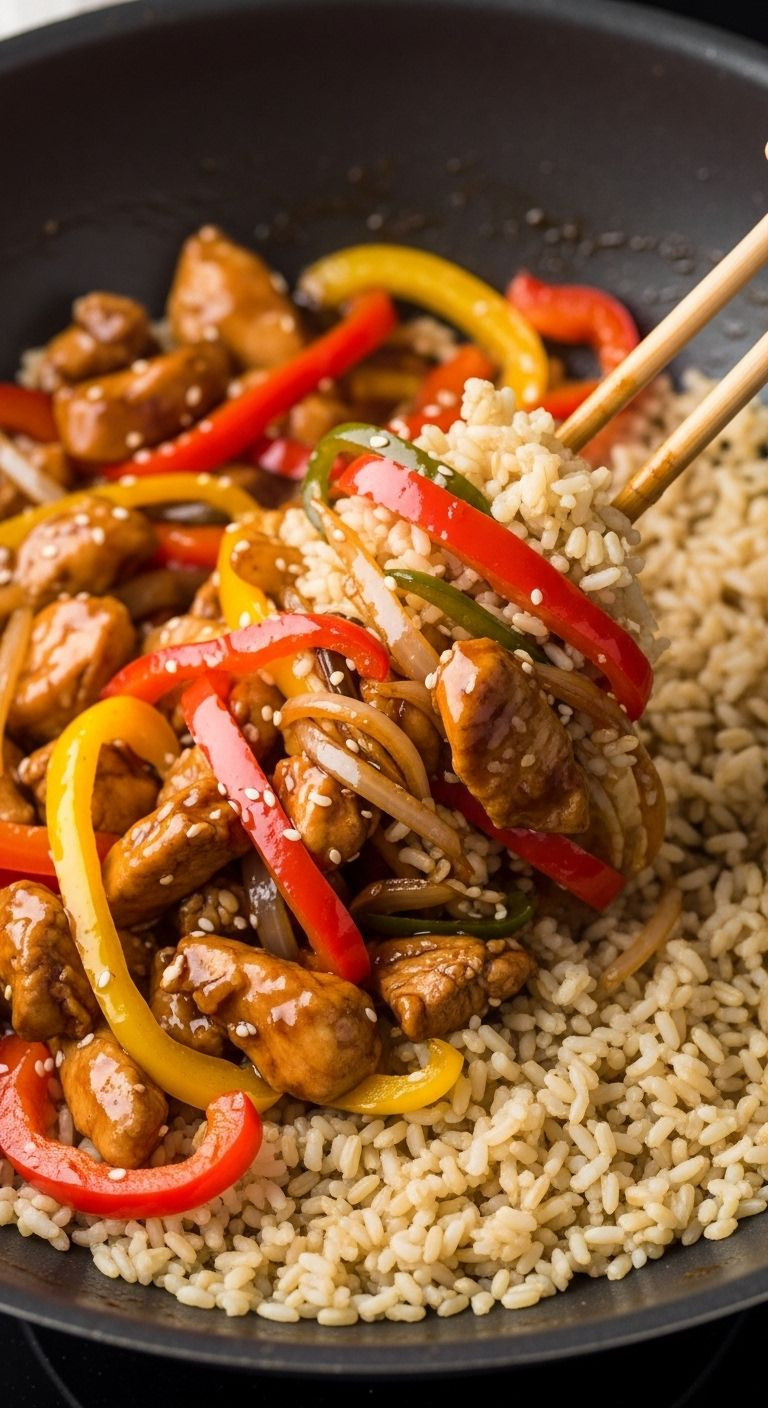 Teriyaki Chicken Stir Fry With Vibrant Peppers And Chicken Is Tossed In A Wok With Chopsticks.