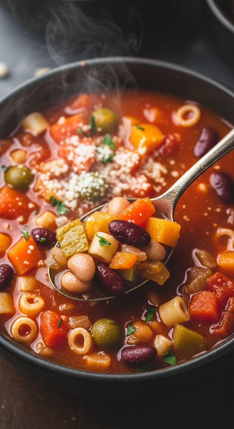 A Steaming Bowl Of Minestrone Soup With A Rustic Spoon, Rich Broth, Colorful Vegetables, And Parmesan Cheese.