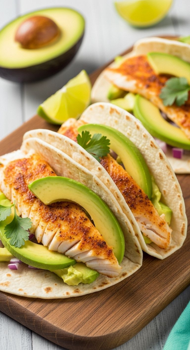 Two Or Three Assembled Baked Fish Tacos With Flaky Fish And Creamy Avocado Are Presented On A Rustic Wooden Board With A Lime Wedge.