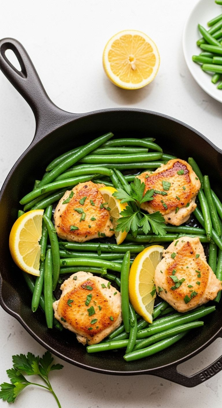 A Rustic Cast-Iron Skillet Filled With Sizzling Lemon Garlic Butter Chicken And Green Beans, Garnished With Lemon And Parsley On A Light Counter.
