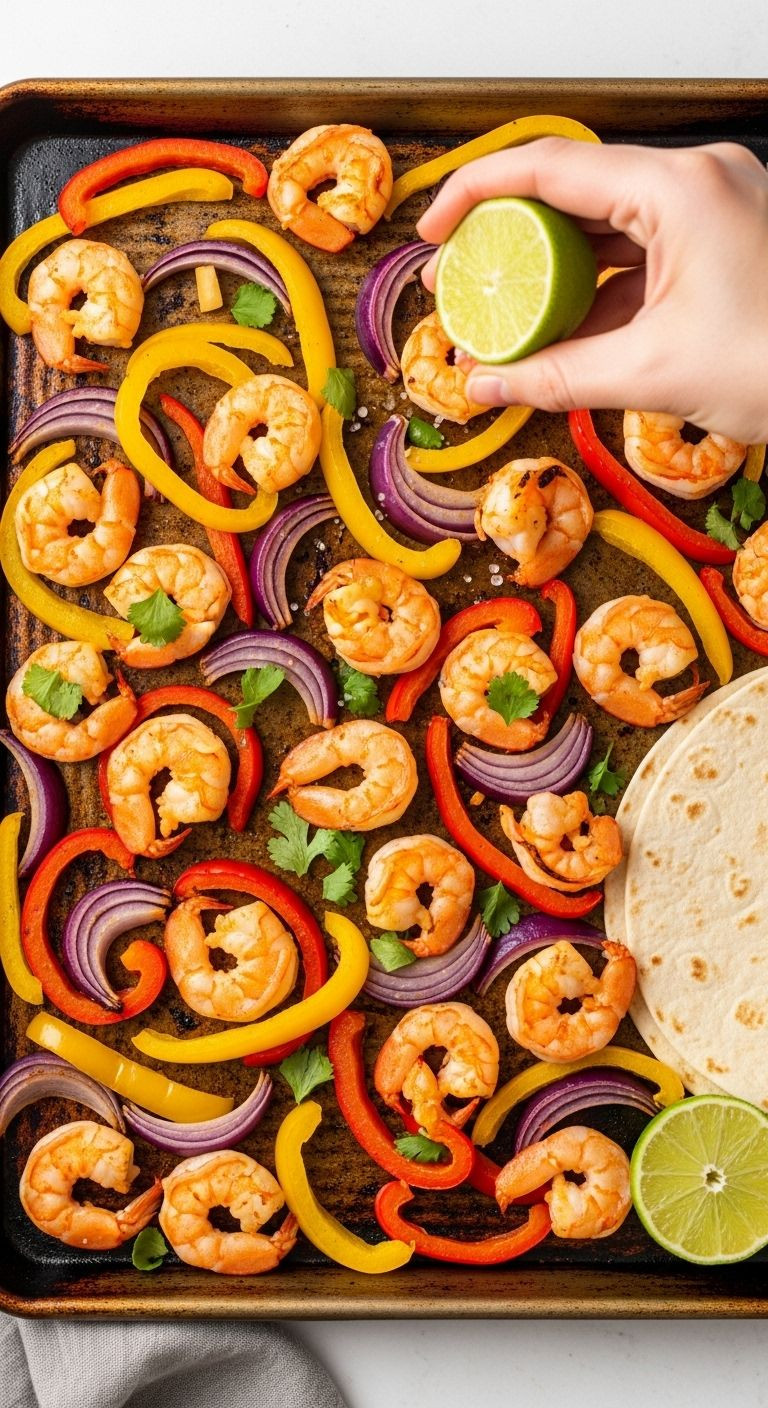 A Sheet Pan Filled With Sizzling Shrimp Fajitas Is Shown From Overhead, With A Hand Squeezing A Lime Over It.