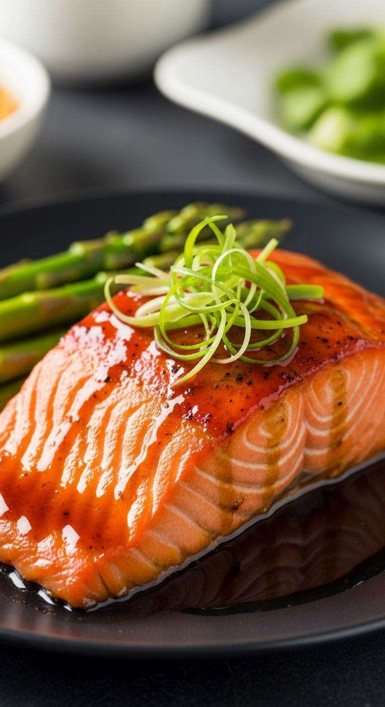 A Perfectly Cooked Miso-Maple Glazed Salmon Fillet, Garnished With Scallions, Is Served On A Dark Plate With Asparagus.