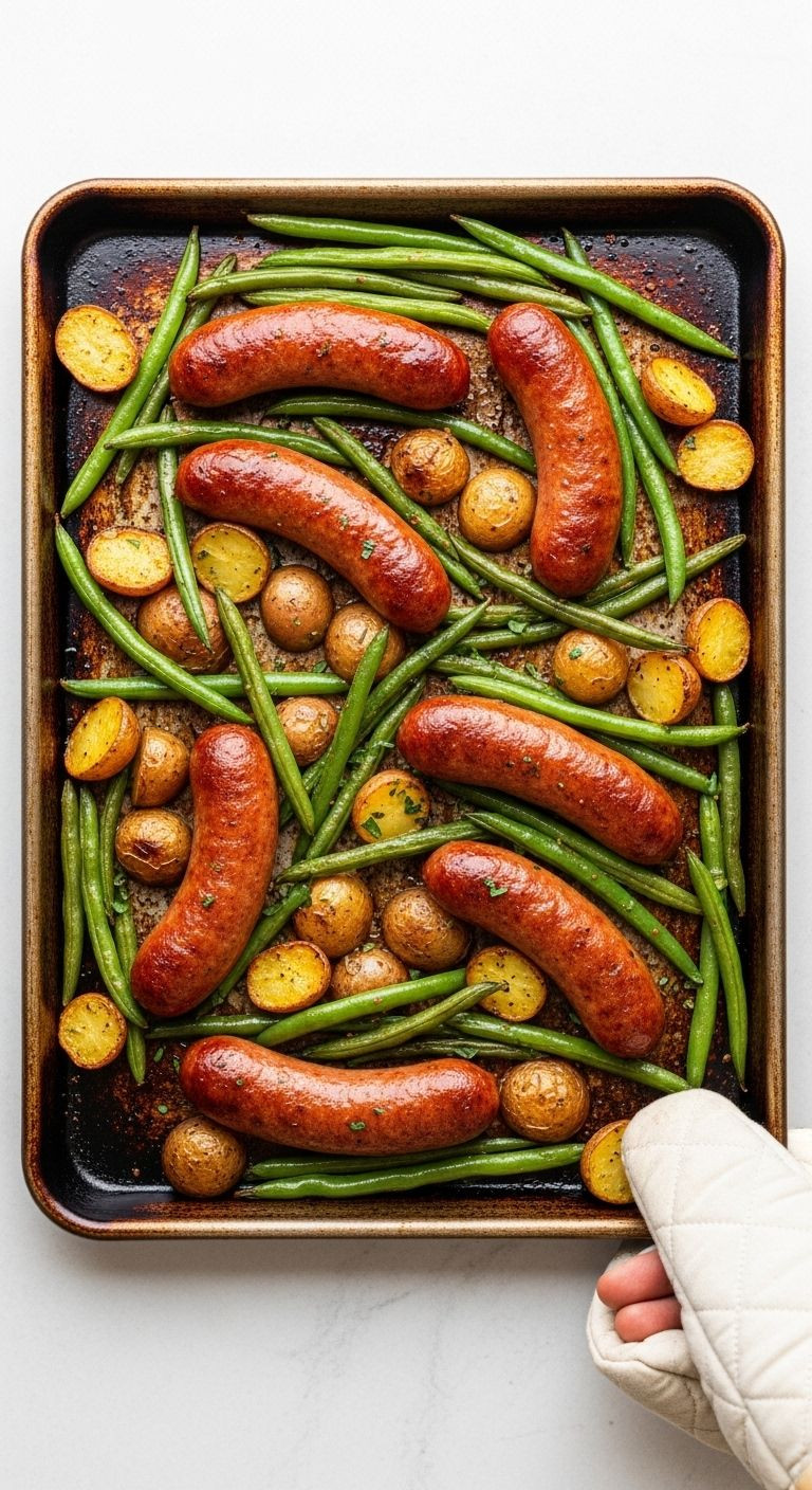 A Rustic Baking Sheet, Held By A Hand In An Oven Mitt, Shows A Flat Lay Of Roasted Kielbasa, Potatoes, And Green Beans.