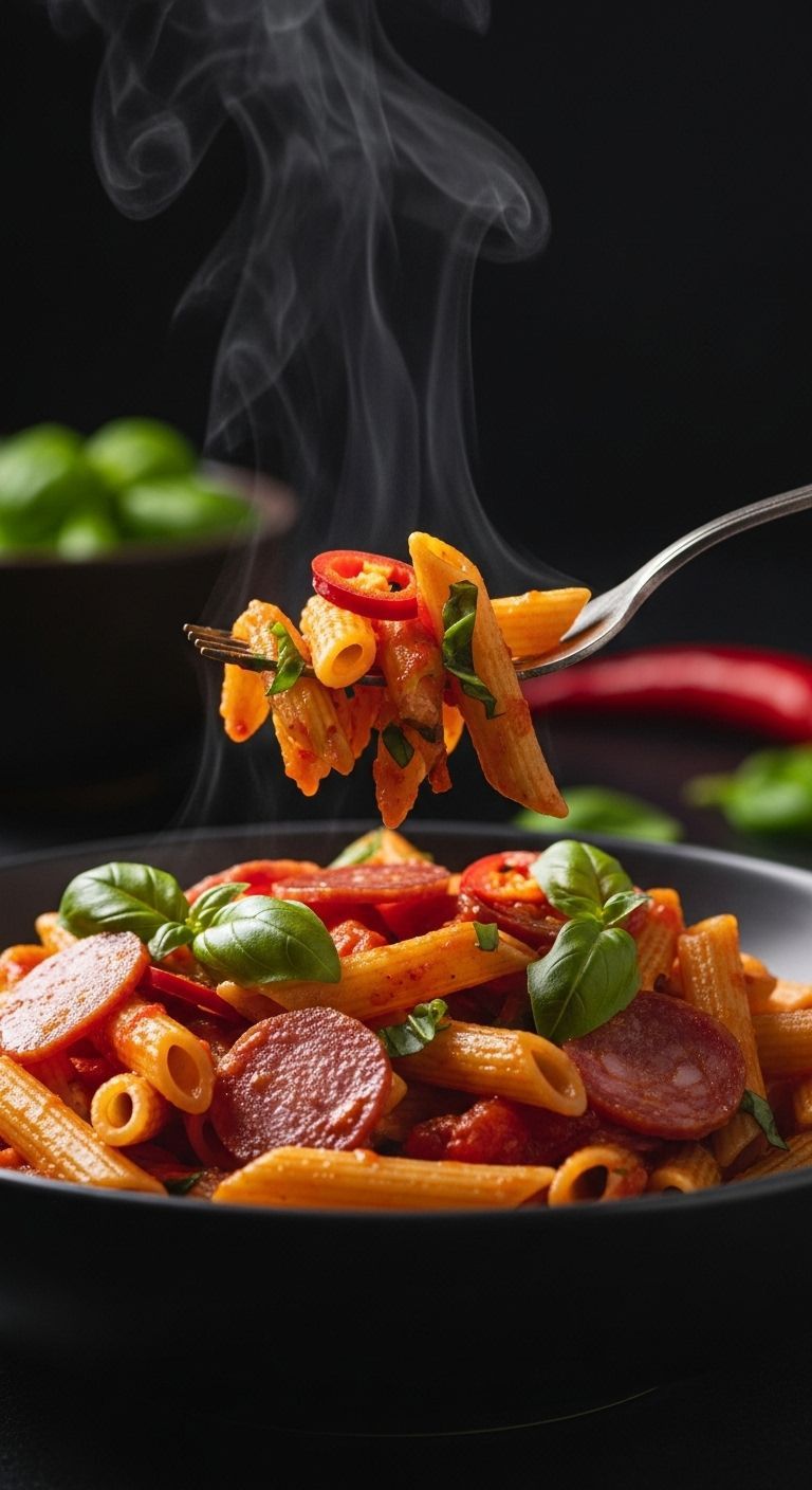 A Fork Twirls Spicy Penne Pasta With Salami And Basil Out Of A Dark Bowl, With Steam Rising.