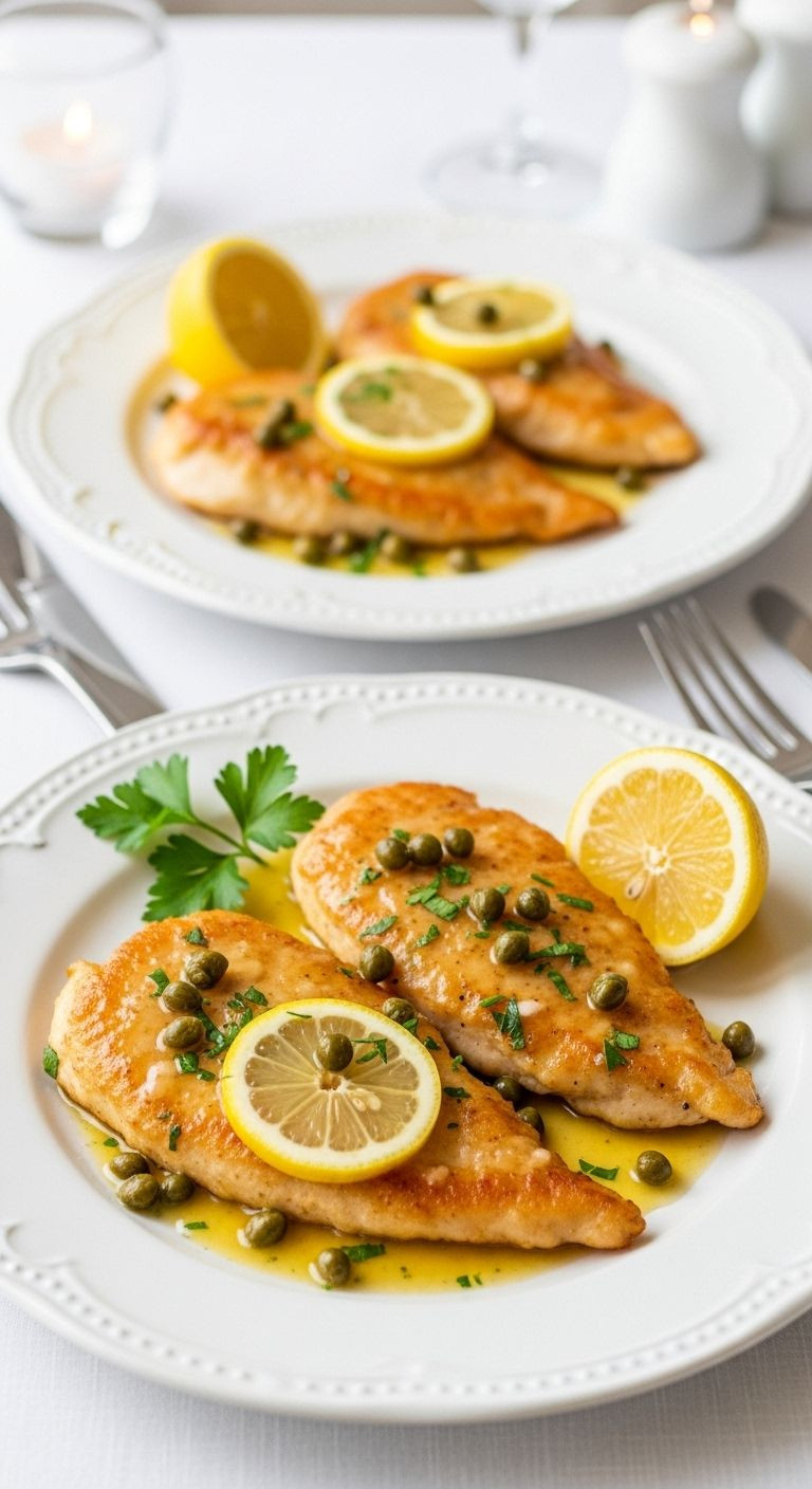 Two Beautifully Plated Servings Of Golden-Brown Chicken Piccata Glistening With Lemon Butter Sauce And Capers Are On A Set Table.