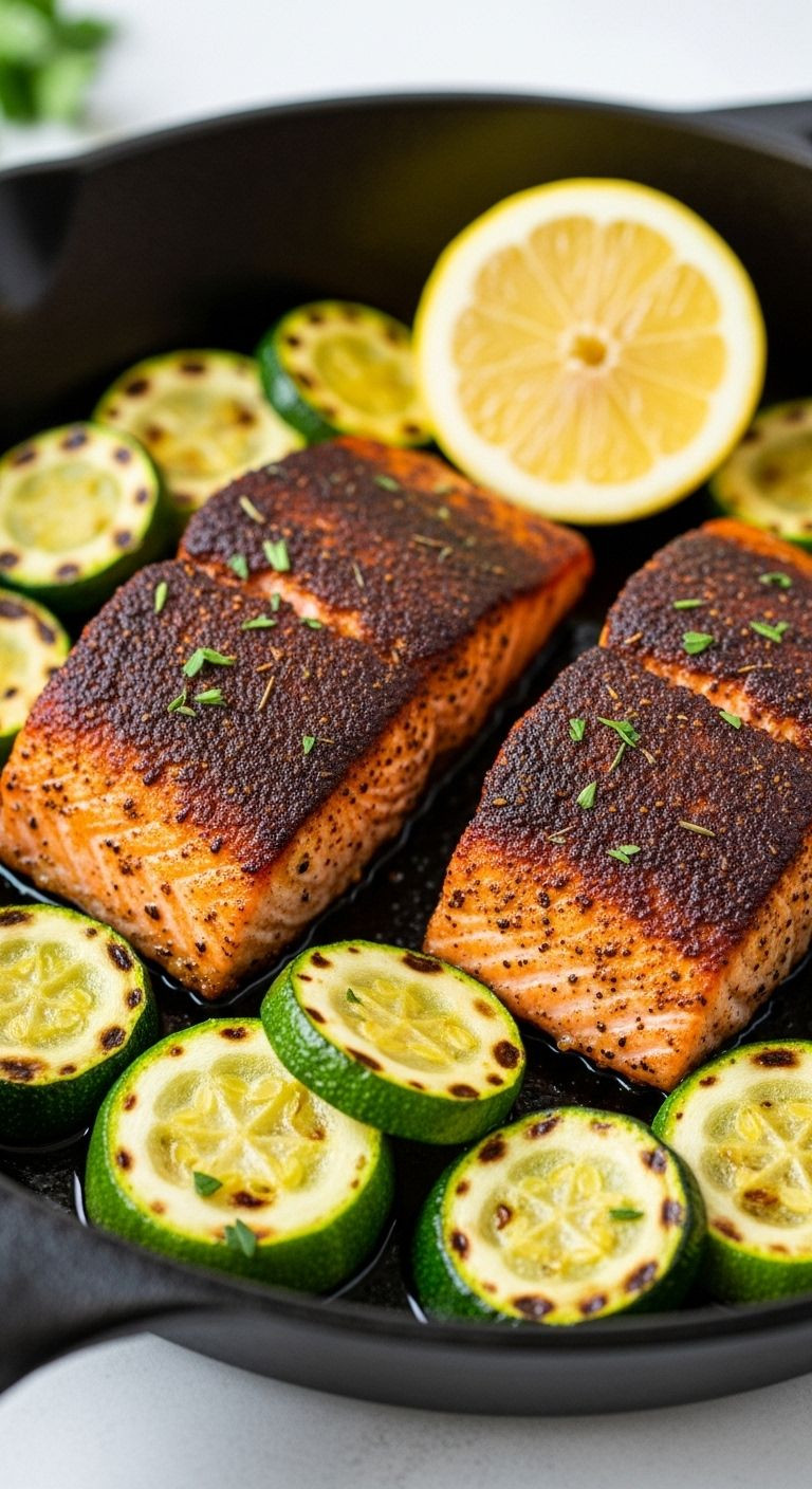 A Close-Up Of Two Perfectly Seared Blackened Salmon Fillets Nestled With Charred Zucchini Rounds And A Lemon Wedge In A Cast-Iron Skillet.