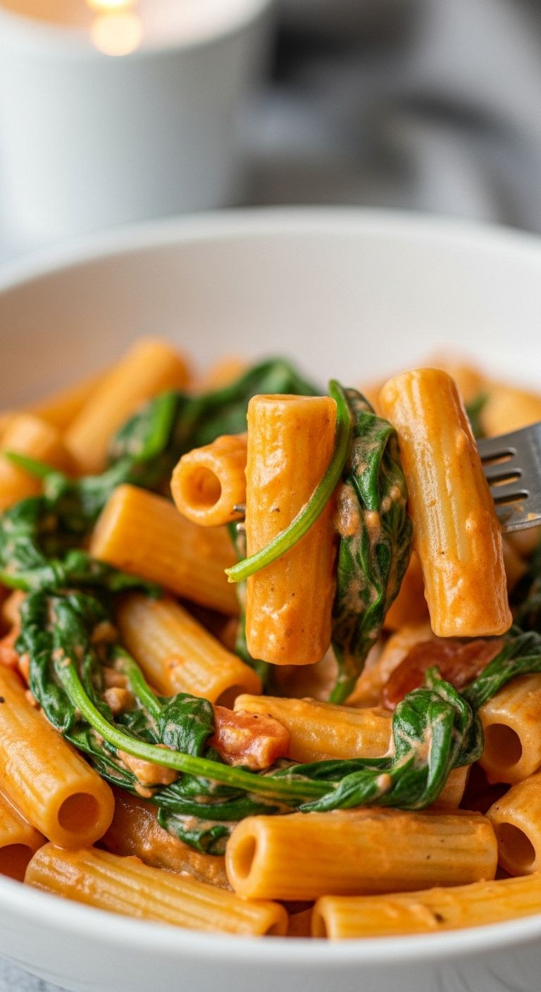 A Close-Up Of Creamy Tomato And Spinach Rigatoni Pasta In A Bowl, With A Fork Lifting A Portion To Show Texture.