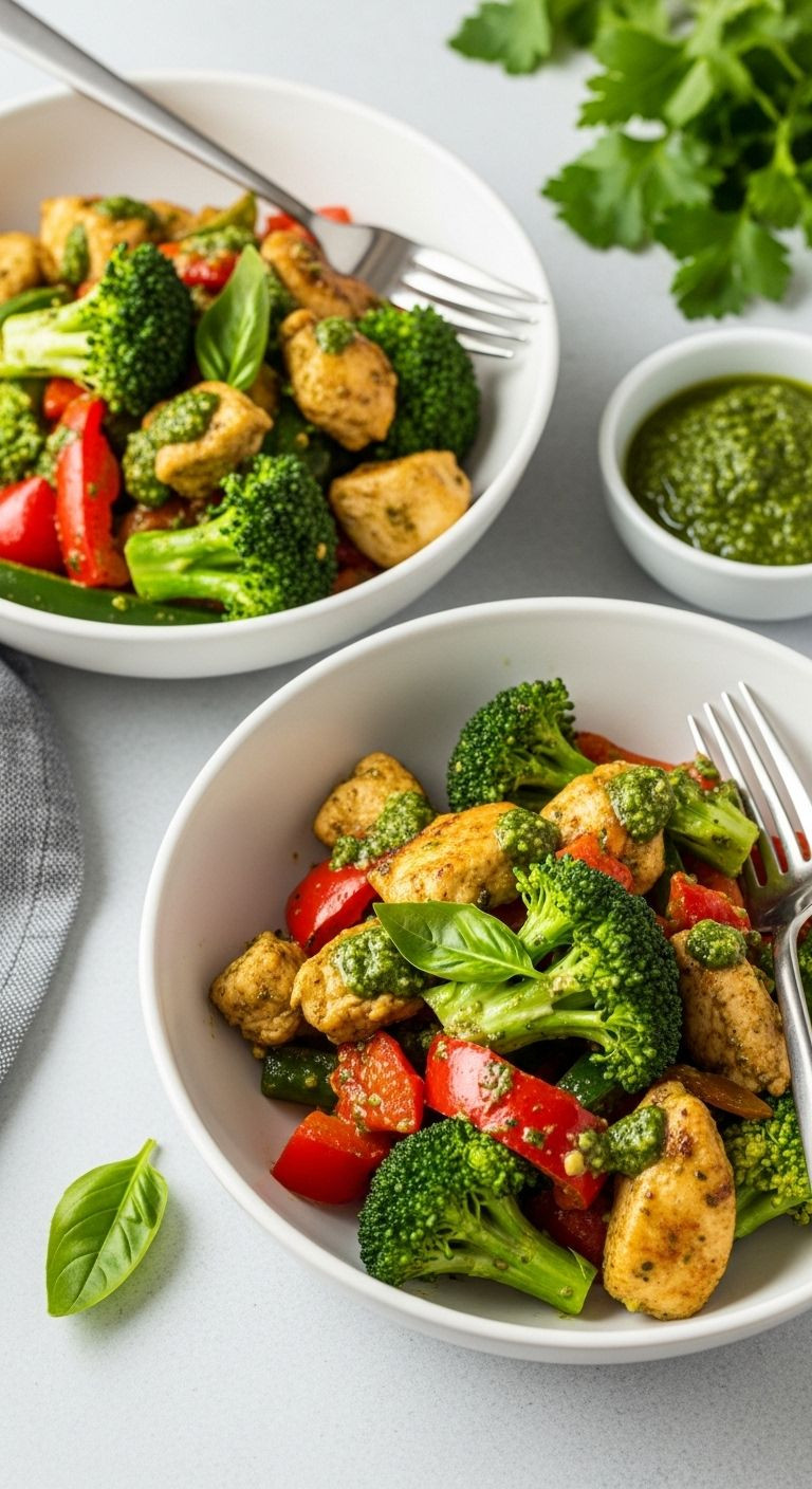 Two White Bowls Of Colorful Pesto Chicken And Vegetable Stir-Fry, With A Side Of Extra Pesto, Are Shown.