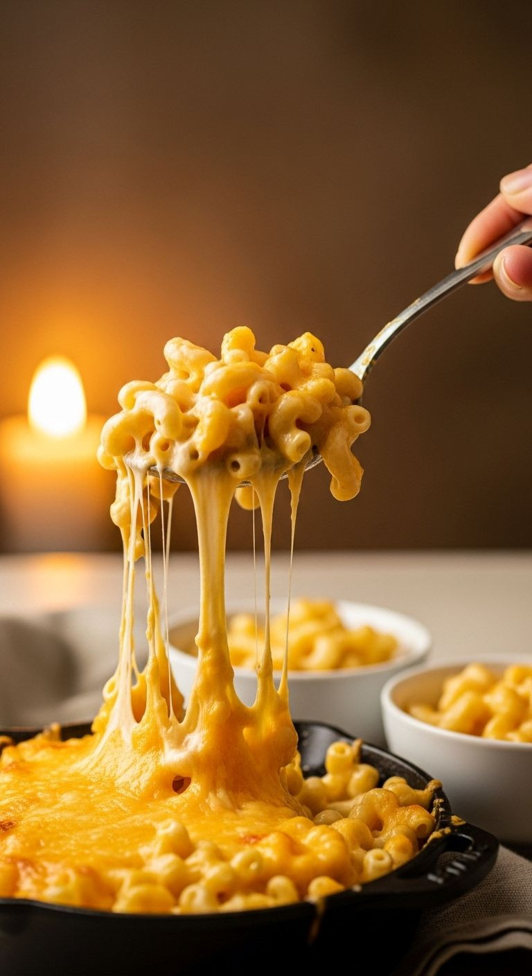 A Large Spoon Scoops A Cheesy Mac And Cheese Pull From A Small Cast-Iron Skillet, With Two Bowls In The Background.