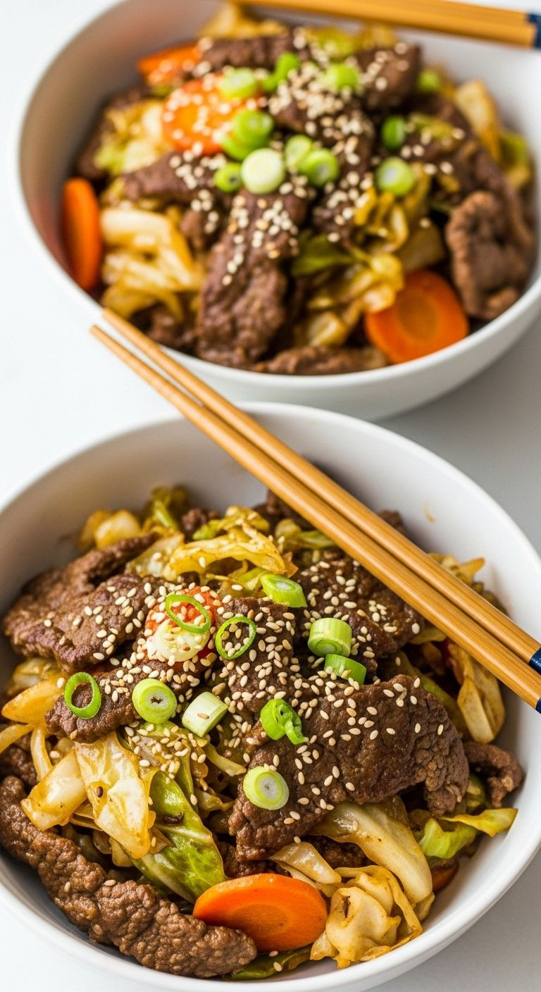 Two Modern Bowls Filled With Beef And Cabbage Stir Fry, Garnished With Sesame Seeds And Green Onions, With Chopsticks On One Bowl.