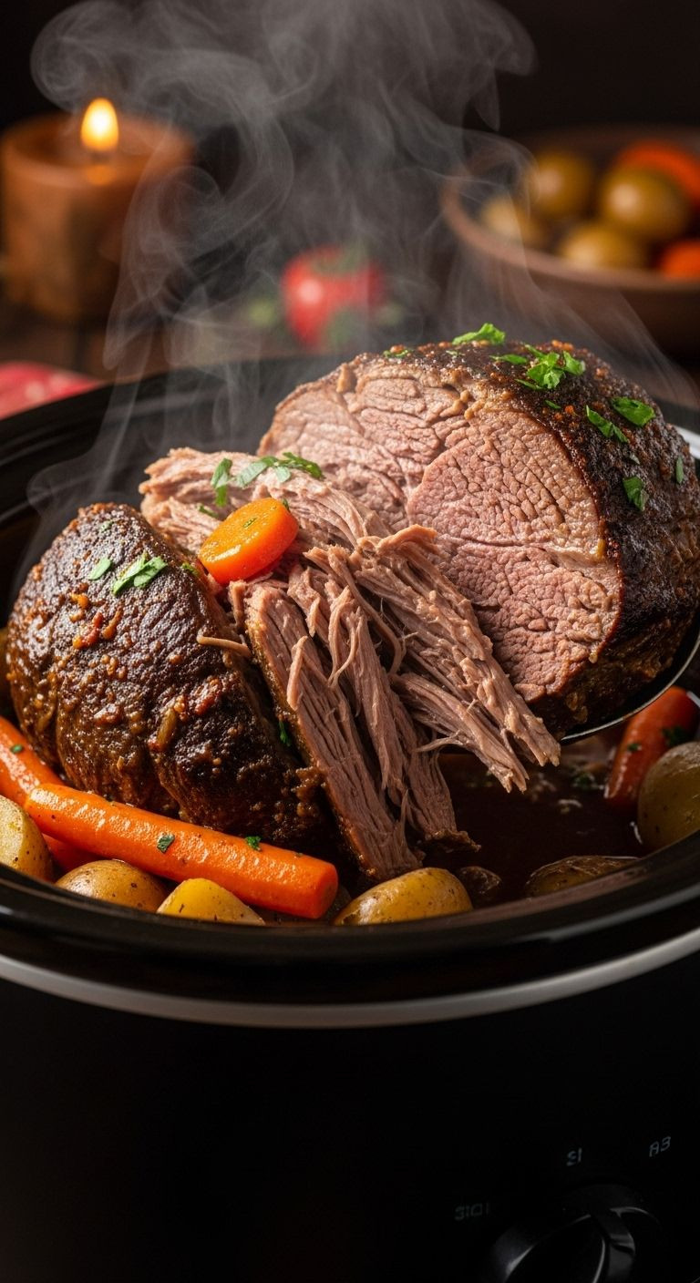 A Large, Tender Pot Roast, Accompanied By Perfectly Cooked Carrots And Potatoes, Is Gently Lifted From A Slow Cooker, With Steam Rising.