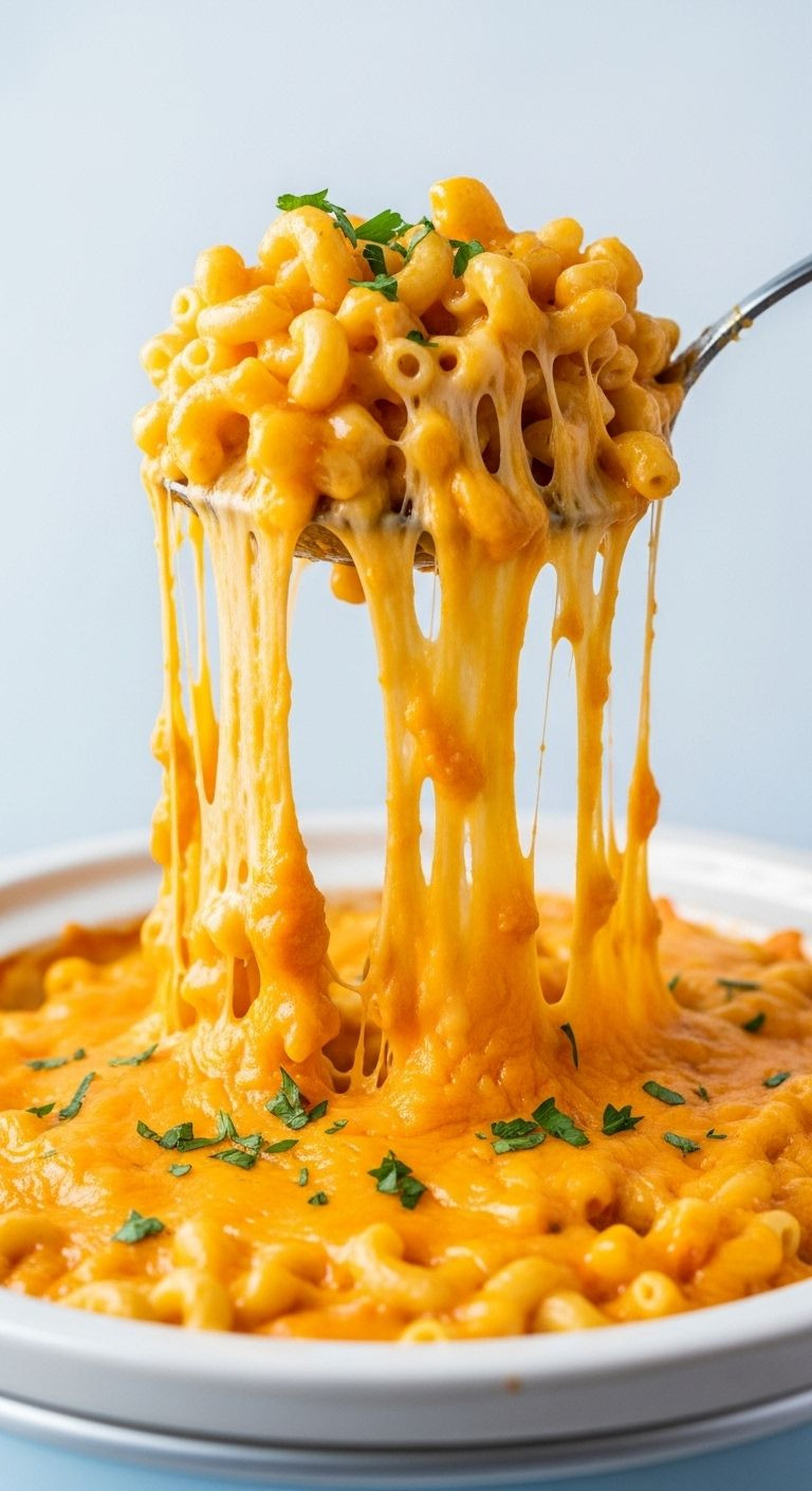 A Large Spoon Scoops Gooey Mac And Cheese From A Ceramic Slow Cooker Bowl, Showcasing A Long Cheese Pull And A Sprinkle Of Fresh Parsley.
