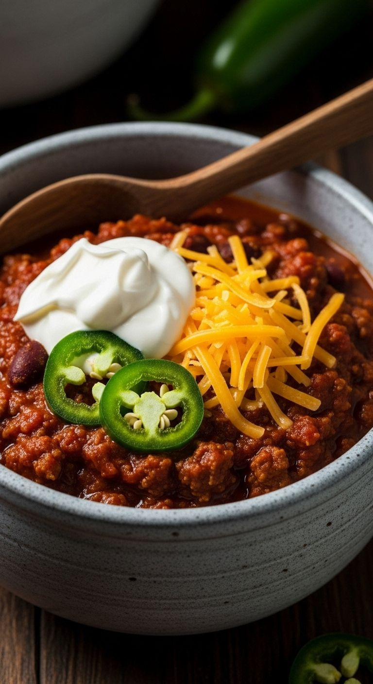 A Rustic Stoneware Bowl Overflows With Thick, Chunky Chili, Topped With Sour Cream, Cheddar Cheese, And Fresh Jalapeño, With A Wooden Spoon On The Side.