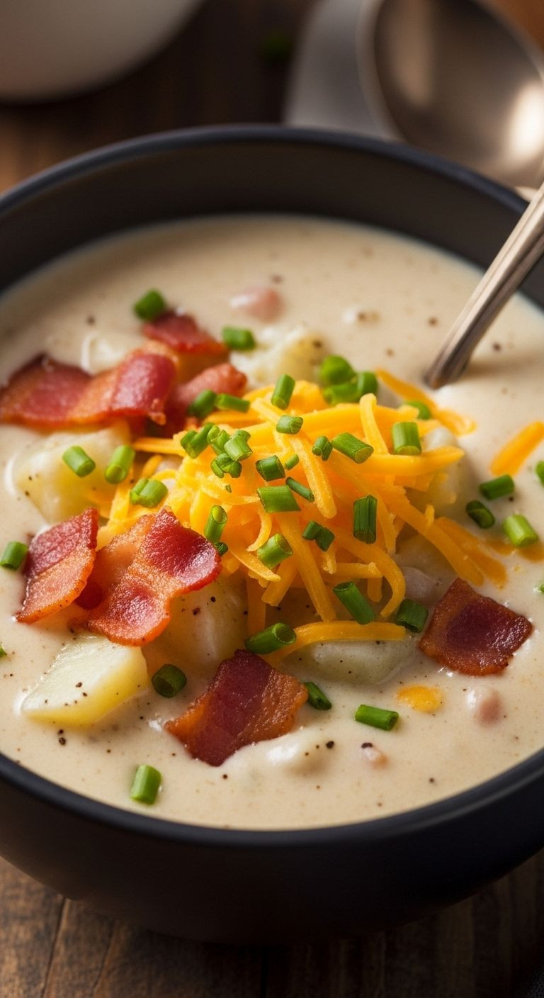 A Dark Ceramic Bowl Holds Creamy Potato Soup Generously Topped With Crispy Bacon Bits, Shredded Cheddar Cheese, And Fresh Chives, With A Rustic Spoon Resting Inside.
