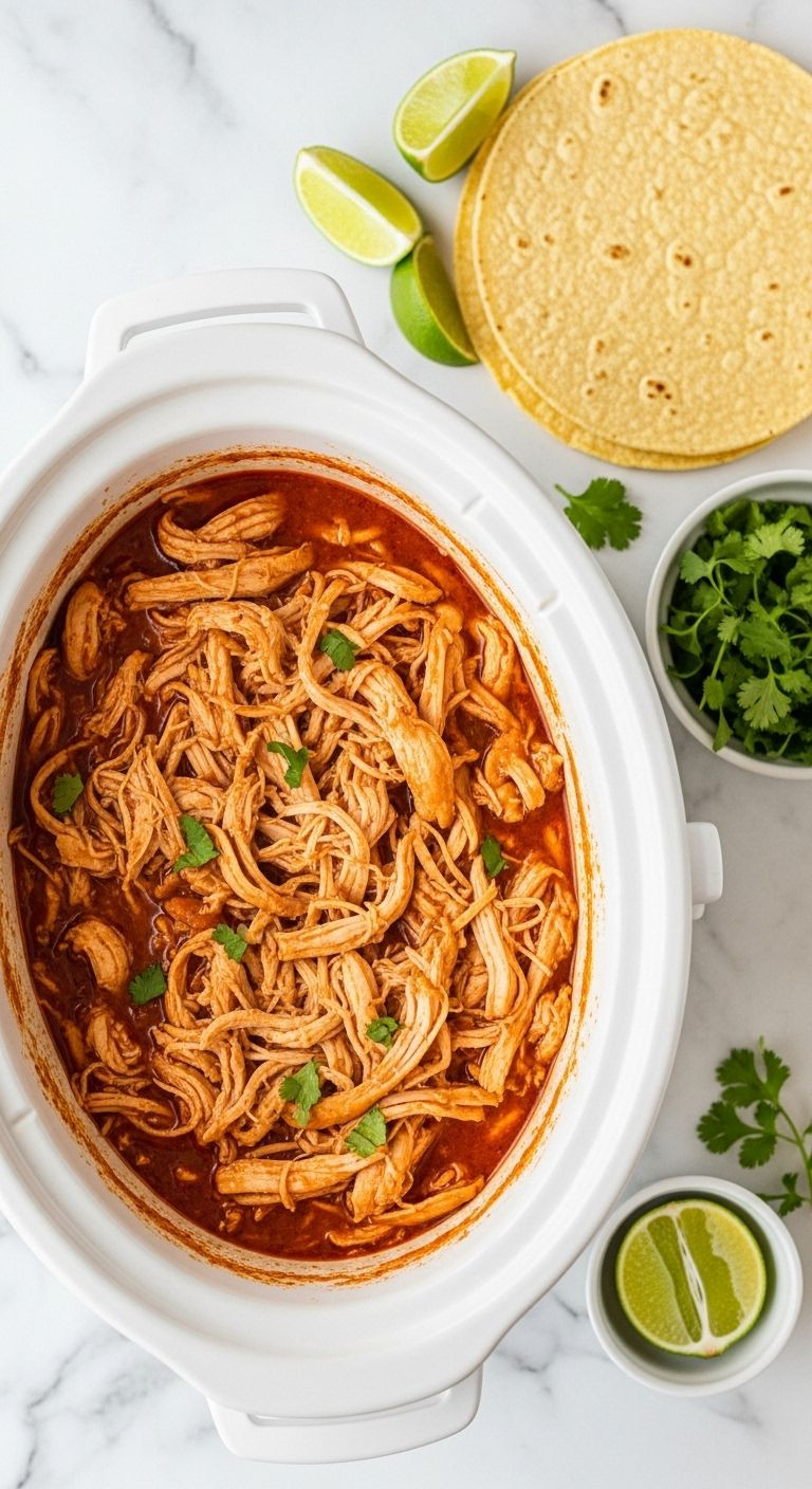 A Top-Down View Of A Slow Cooker Insert Filled With Shredded Chicken In Savory Red Sauce, Ready For Tacos With Tortillas, Cilantro, And Lime Wedges.