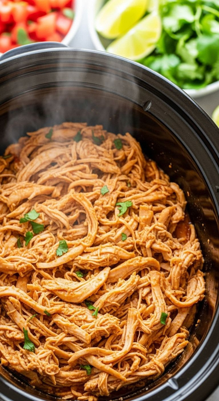 A Close-Up Of Perfectly Shredded Chicken Taco Meat In A Slow Cooker Crock, With Subtle Steam And Blurred Taco Toppings In The Background.