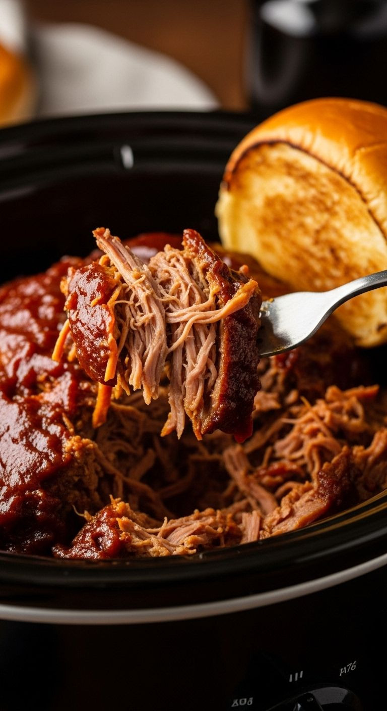 A Fork Pulls A Glistening, Saucy Chunk Of Tender Pulled Pork From A Slow Cooker, With A Toasted Brioche Bun Partially In View.