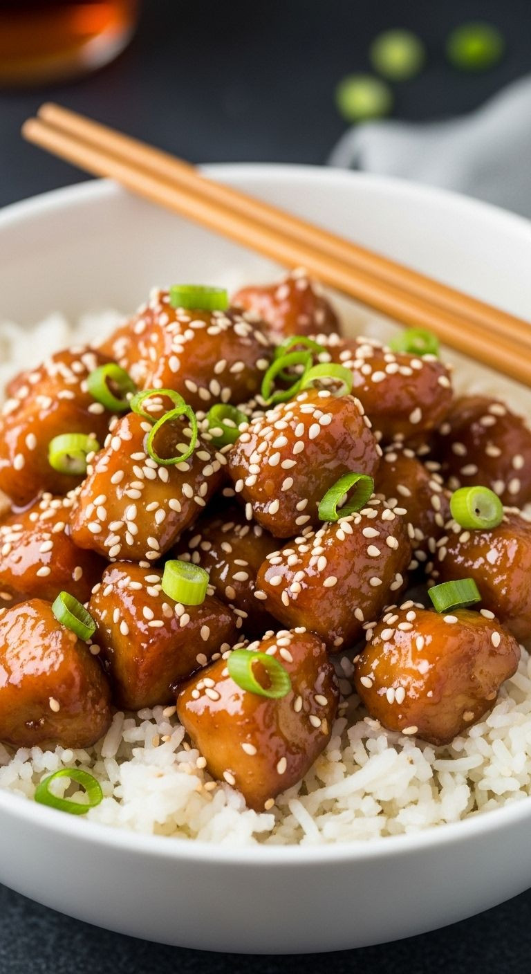 A White Bowl Of Fluffy Rice Topped With Glistening Honey Garlic Chicken, Garnished With Sesame Seeds And Green Onions, With Chopsticks Resting On The Edge.