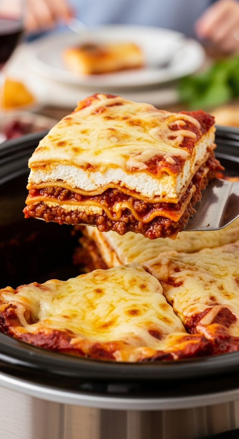 A Spatula Lifts A Perfect, Golden-Brown Slice Of Lasagna From A Round Slow Cooker Insert, Revealing Distinct Layers Of Pasta, Red Meat Sauce, And Creamy Ricotta Cheese.