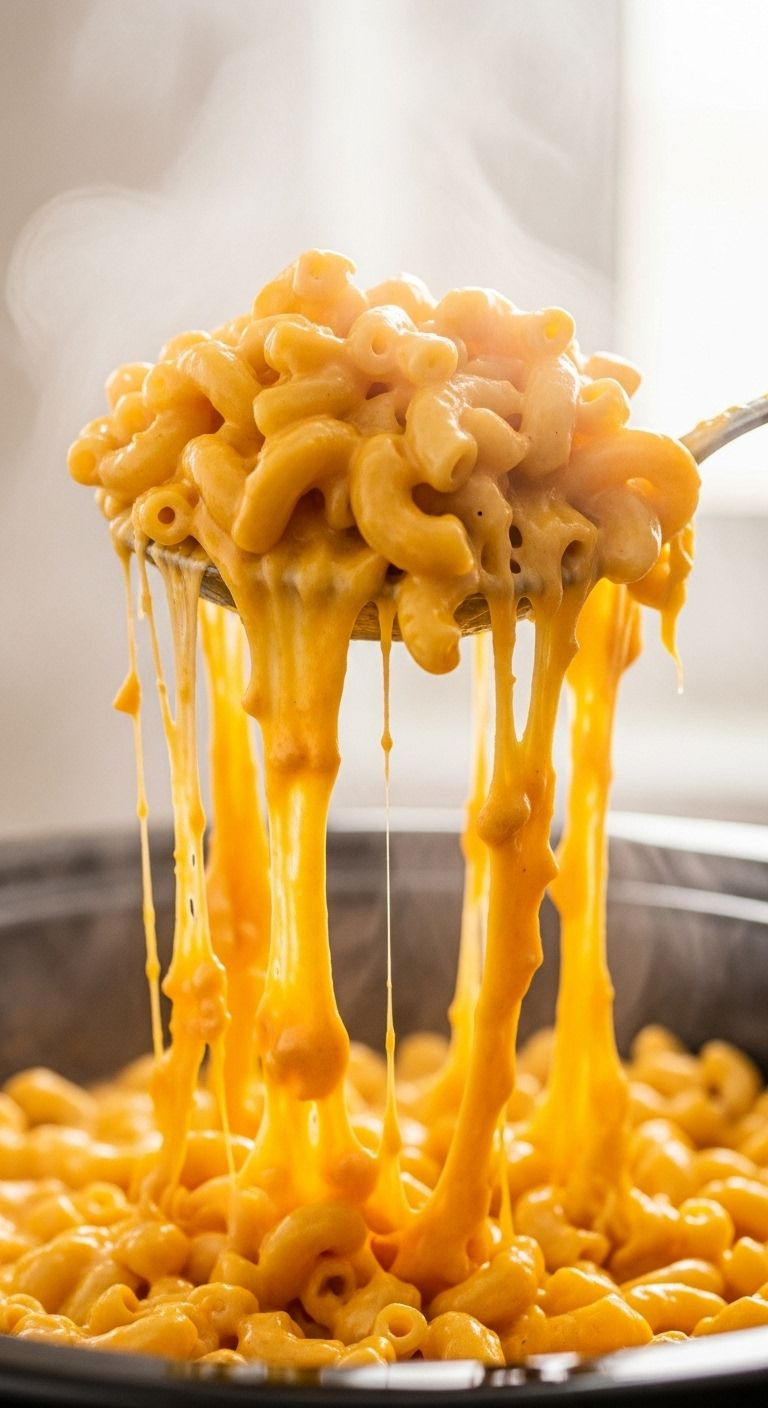 A Large Spoonful Lifts Gooey Mac And Cheese From A Slow Cooker, Creating An Epic Cheese Pull With Steam Rising From The Creamy, Orange Sauce.