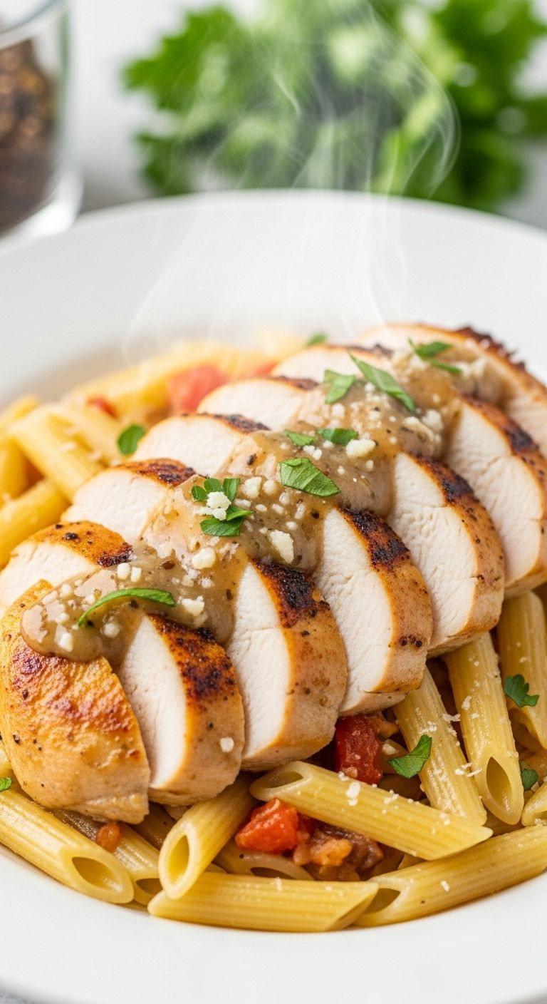 A Beautifully Plated Serving Of Italian Chicken With Sliced Chicken Breast Over Penne Pasta, Drizzled With Savory Juices, Parsley, And Parmesan Cheese, Steaming Gently.