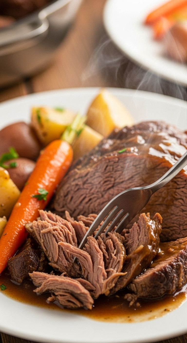 A Fork Flakes A Tender Piece Of Pot Roast On A White Plate, Surrounded By Perfectly Cooked Carrots And Potatoes, All Drizzled With Rich Gravy And Subtly Steaming.