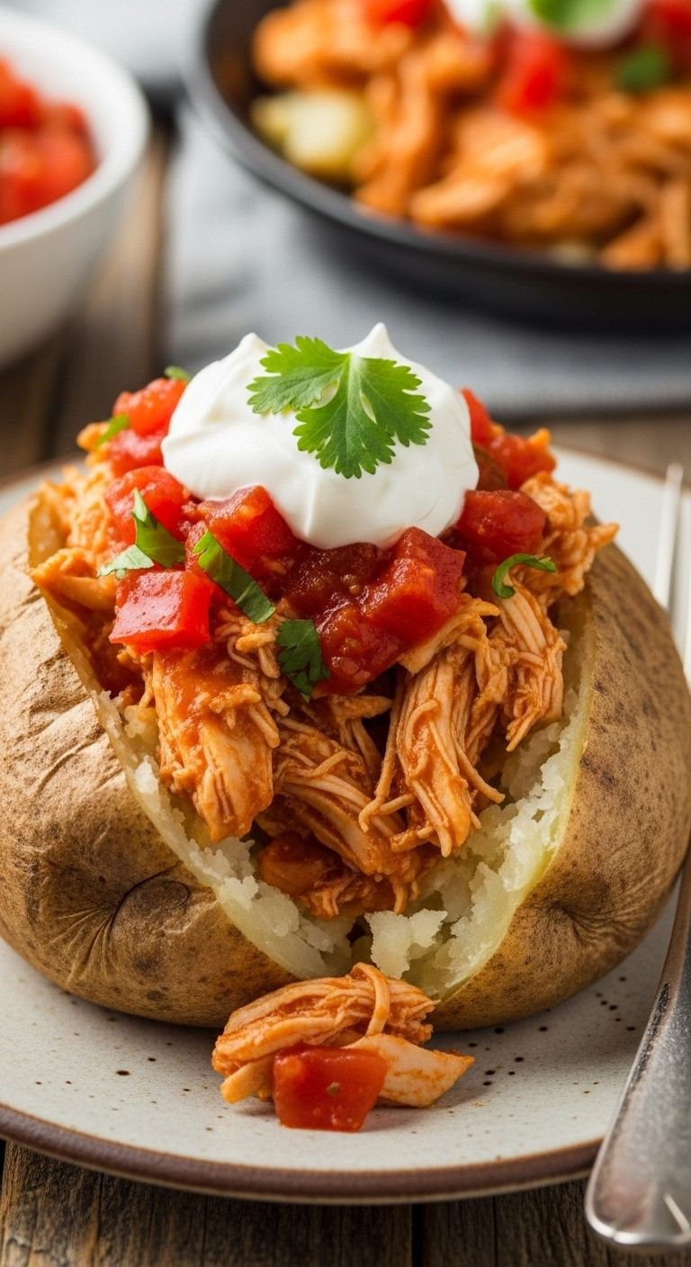 A Fluffy, Split-Open Baked Potato Generously Topped With Shredded Salsa Chicken, Sour Cream, And Fresh Cilantro On A Rustic Plate.