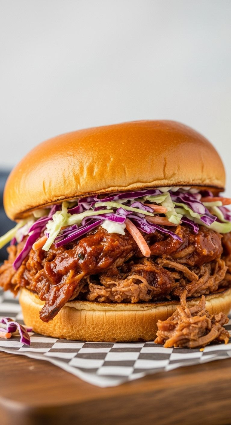 An Irresistible, Overstuffed Pulled Pork Sandwich On A Brioche Bun With Creamy Coleslaw, Placed On Checkered Wax Paper.