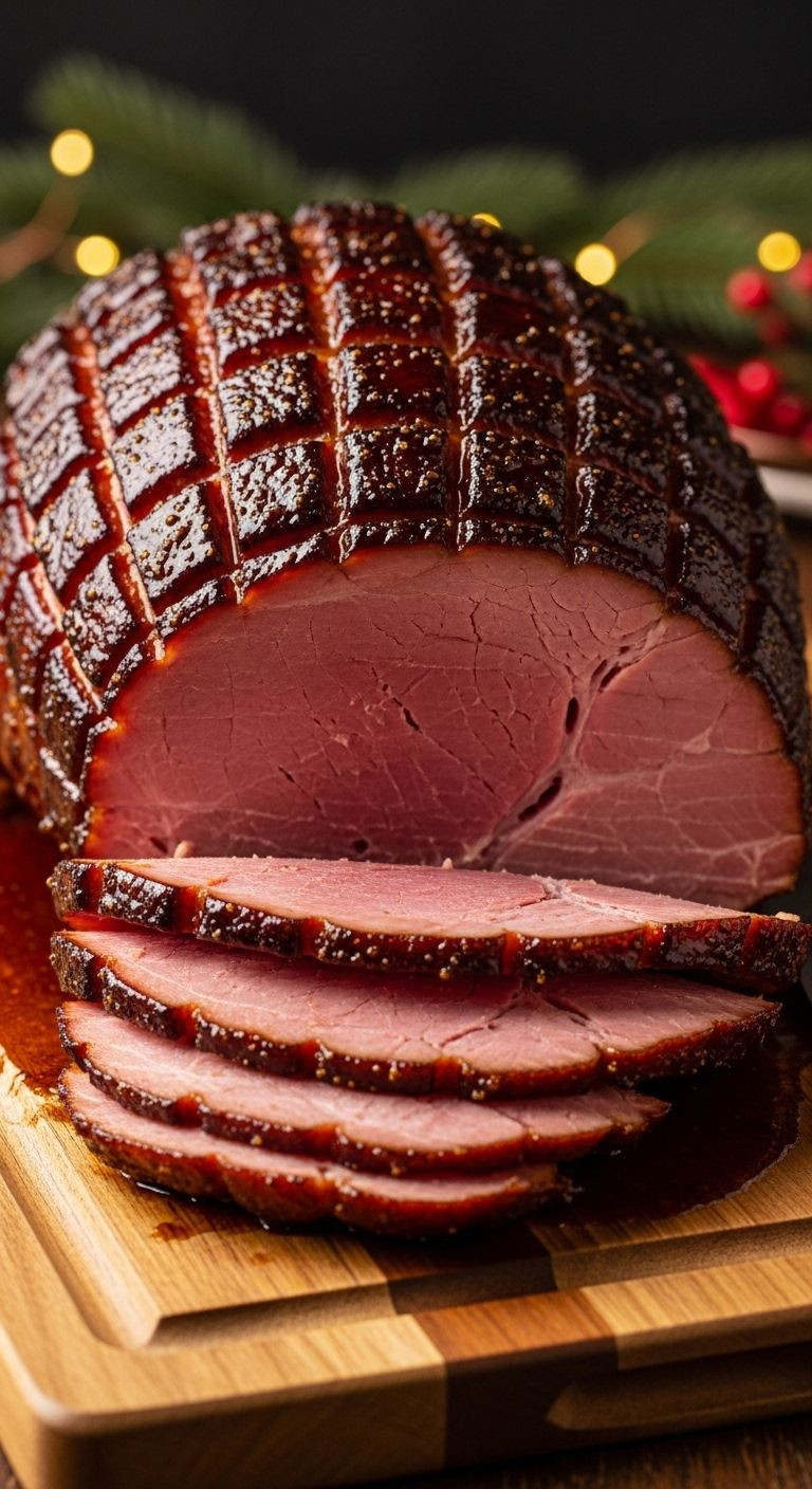 A Glistening, Dark Brown Sugar Glazed Slow Cooker Ham Sits On A Wooden Cutting Board With Carved Slices Revealing Its Juicy Pink Interior, Subtly Hinting At A Holiday Setting.
