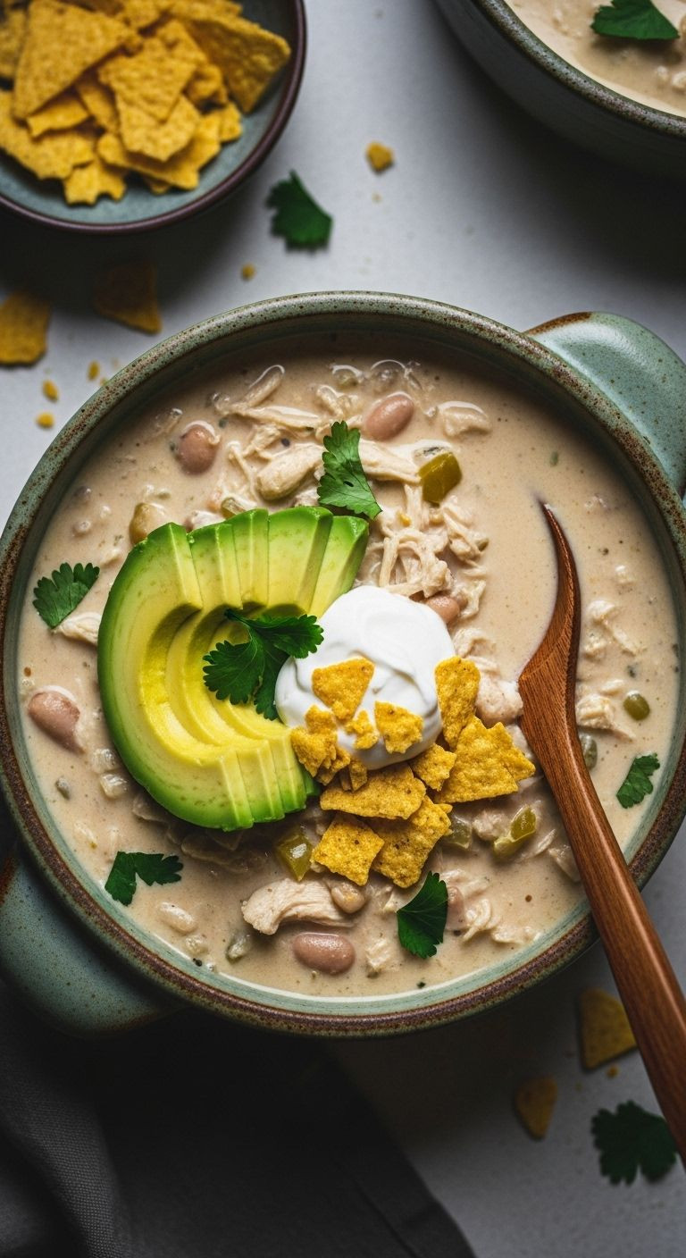 A Rustic Ceramic Bowl Of Creamy White Chicken Chili Is Topped With Sliced Avocado, Sour Cream, And Crushed Tortilla Chips, With A Wooden Spoon Resting Nearby.