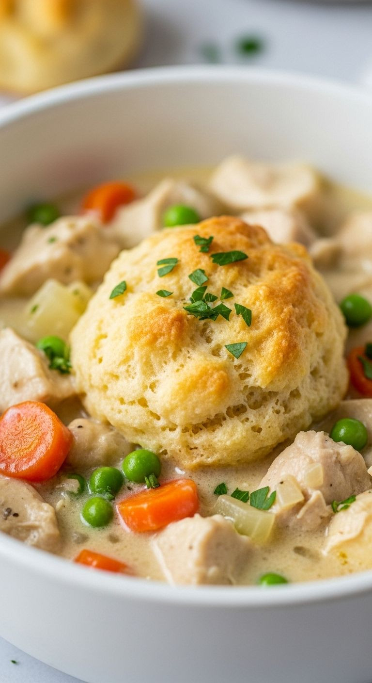 A White Ceramic Bowl Filled With Creamy Chicken And Dumplings, Featuring A Fluffy, Golden-Brown Biscuit Dumpling, Chunks Of Chicken, Vegetables, And Fresh Parsley.