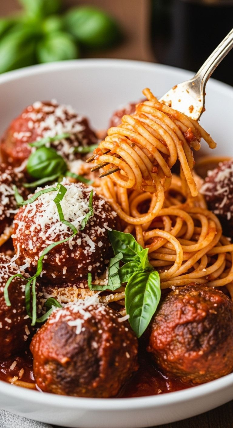 Meatballs Tossed With Spaghetti And Marinara Sauce Are Twirled With A Fork, Garnished With Parmesan Cheese And Fresh Basil.