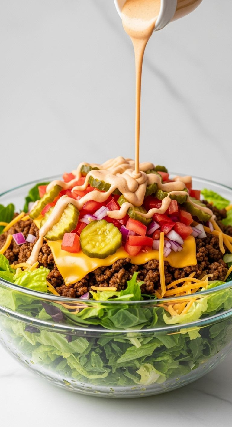 A Large Glass Bowl Is Filled With A Deconstructed Cheeseburger Salad, Featuring Layers Of Lettuce, Seasoned Ground Beef, Cheese, Tomatoes, And Pickles, With Creamy Burger Sauce Being Poured Over It.