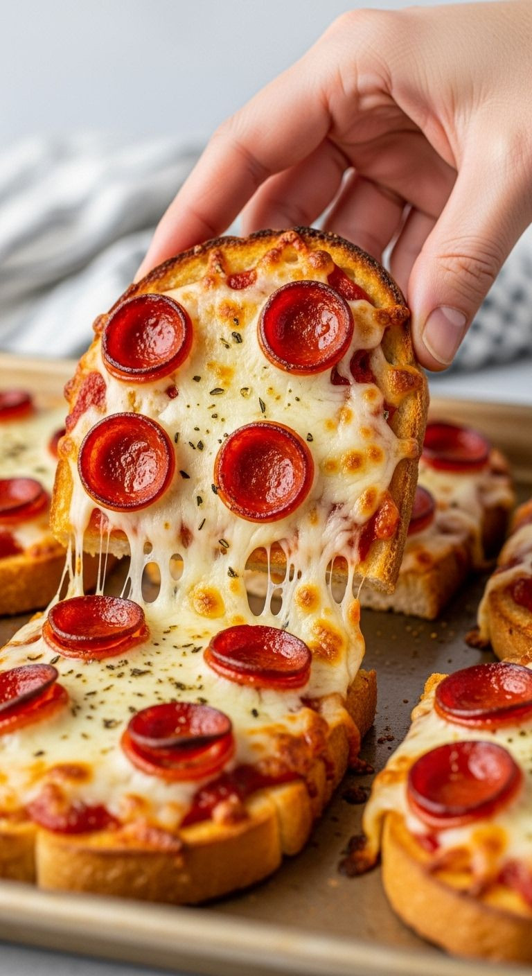 A Hand Lifts A Perfectly Cooked Garlic Toast Pizza With Melted Cheese And Curled Pepperonis From A Baking Sheet, With Other Pizzas In The Background.