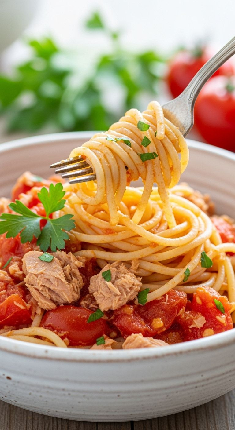 A Fork Twirls Spaghetti Coated In Chunky Tomato And Tuna Sauce From A Rustic White Bowl, Showcasing Flakes Of Tuna And Tomato.