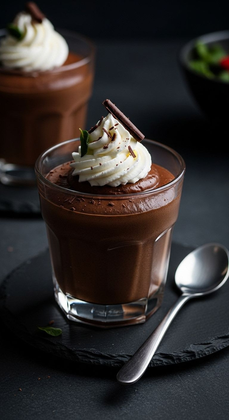 A Glass Dessert Cup Filled With Dark Chocolate Mousse, Topped With A Quenelle Of Whipped Cream And Chocolate Shavings, On A Dark Slate Surface With A Small Spoon.
