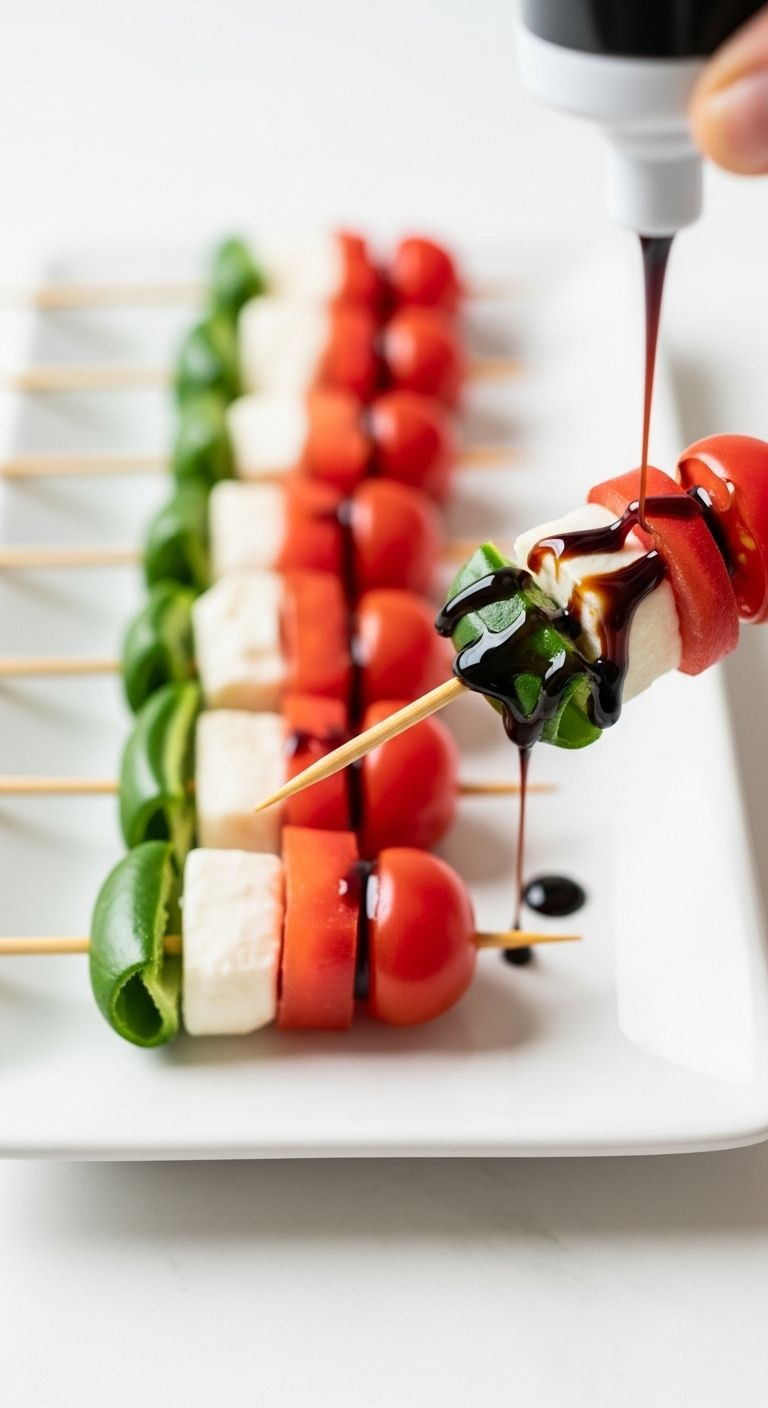 A Hand Lifts A Caprese Skewer From A White Platter, Drizzling Balsamic Glaze Over The Vibrant Red, White, And Green Ingredients.